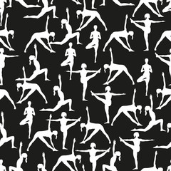 Seamless pattern. Yoga poses as seamless background. Background with women in black-and-white colors. Black and white seamless background with girls in yoga poses. Yoga background.