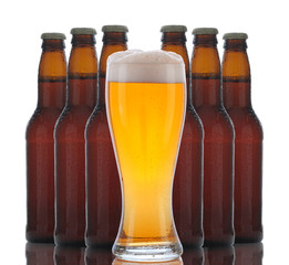 A glass of foamy beer with six brown bottles grouped behind over a white background with reflections