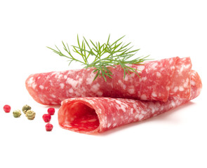Salami sausage slices isolated on white background cutout
