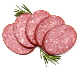 Smoked sausage salami slices isolated on white background cutout