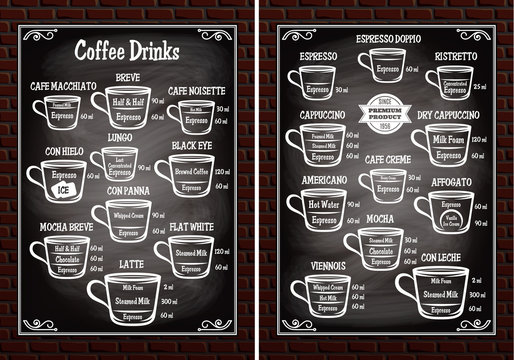set of cups with different coffee drinks for restaurant menu