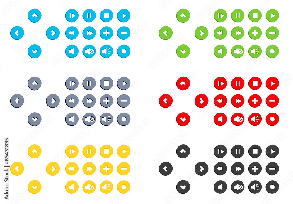 Poster collection of video control buttons in flat style