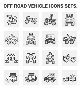 Off road vehicle and accessories vector icon consist of helmet, motocross bike or motorbike, ppv or suv, pickup truck, atv and trailer. Extreme sport racing on dirt trail road. Also travel, camping.