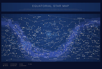 Fototapeta premium High detailed star map with names of stars, contellations and Messier objects, colored vector