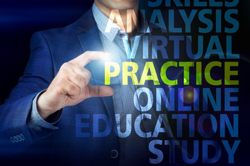 Businessman presses button  practice on virtual screens. Busines