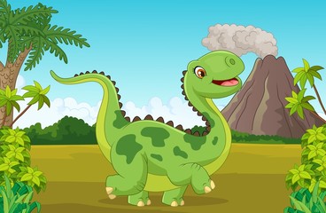 Cartoon happy dinosaur with mountain