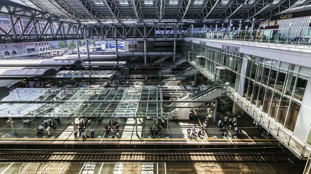 Timelapse of commuters inside Osaka Station in Osaka, Japan.