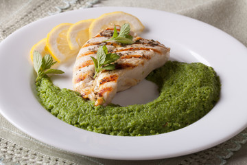 Grilled chicken and mashed mint with green peas, horizontal

