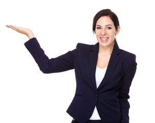 Beautiful businesswoman with hand show with blank sign