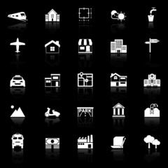 Real estate icons with reflect on black background