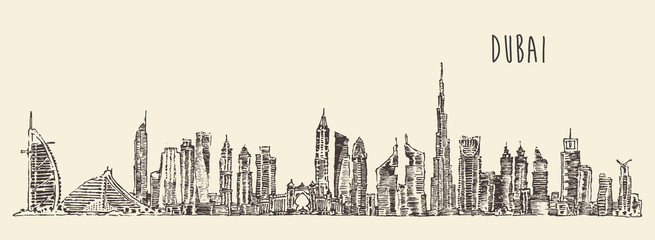 Dubai City Skyline Hand Drawn, Engraved Vector