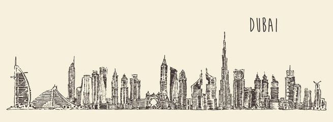 Naklejka premium Dubai City Skyline Hand Drawn, Engraved Vector