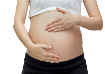 The itch,pain of pregnant belly, Isolated against white background