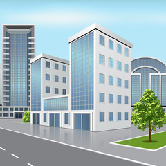 office building with reflection on the street background