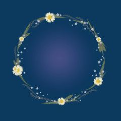 Floral Round Frame with daisies and Blue background.