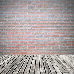 old wooden floor on brick wall grung background