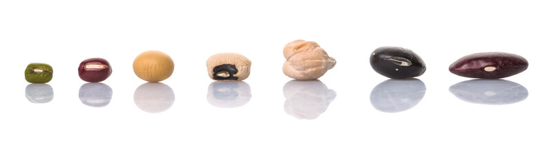 Variety of beans over white background
