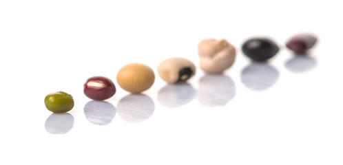 Variety of beans over white background