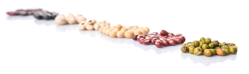 Variety of beans over white background