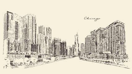 Chicago big city architecture engraving vector illustration hand drawn