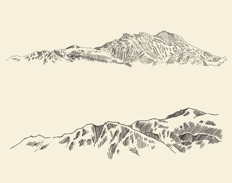 Mountains contours of the mountains engraving vector illustration hand drawn sketch