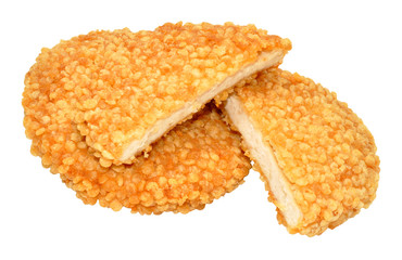 Two puffed rice covered chicken burgers isolated on a white background