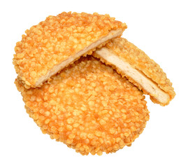 Two puffed rice covered chicken burgers isolated on a white background