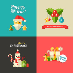 Illustration of Christmas and Happy New Year flat design postcar