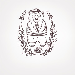 cute sad bear with flower. outline background
