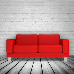 Brick wall and red leather sofa, 3d illustration