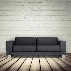 Brick wall and black leather sofa, 3d illustration