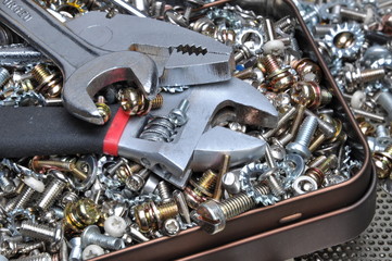 Wrenches with components bolts, nuts, washers, screws