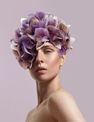 beauty woman watching at camera, not smiling, hortensia's flkowe