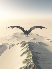Obraz premium Fantasy ilustracja szarego smoka latającego nad ośnieżonym pasmem górskim, 3d cyfrowo świadczonych ilustracji