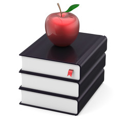 Books three black textbook stack and red apple school icon