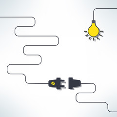 Vector wire plug and socket with light bulb background in simple