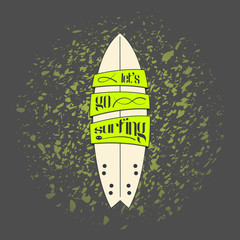 Vector surfboard in dark cartoon graffiti design on grunge