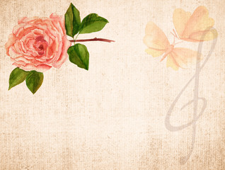 Watercolour pink tea rose with butterflies and a musical key