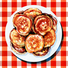 thick pancake with sauce on white plate, watercolor painting