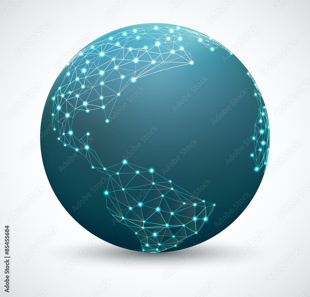 Poster polygonal world map with points. network connections, network gl