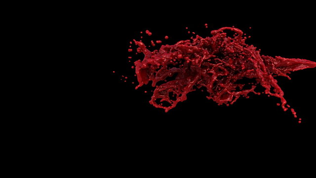 4k blood splash, red paint splash in slow motion isolated on black with alpha (ultra high definition, uhd, hd, 1920x1080, 3840x2160, full hd 4k)