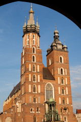 Church of St. Mary and the Cloth Hall in the main Market Square of Krakow in Poland.