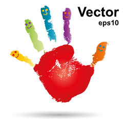 Vector conceptual red human child handprint, smiley faces isolated