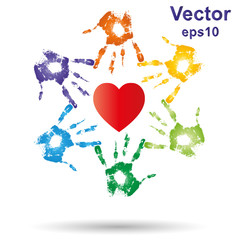Vector conceptual children painted hand print and heart isolated
