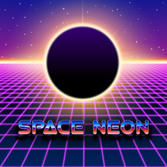 Retro styled futuristic landscape with lettering and shiny grid