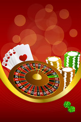 Red casino roulette cards chips craps frame vertical gold ribbon 