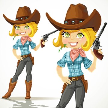 Cute blond cowgirl with revolver isolated on a white background