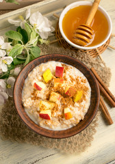 Oatmeal with apple, honey and cinnamon in the bowl and cinnamon