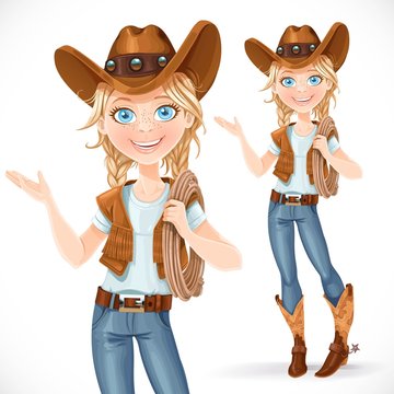 Beautiful girl in a cowboy hat and with lasso says something, is
