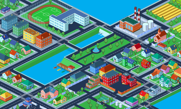 Vector Illustration of colorful isometric city with lots of buildings.